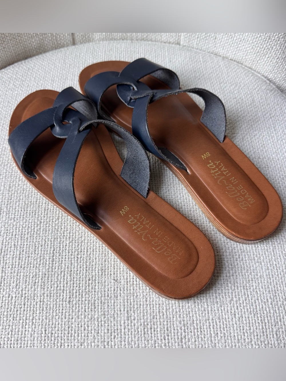 Bella Vita Navy Leather Slide Sandals, Size 8W